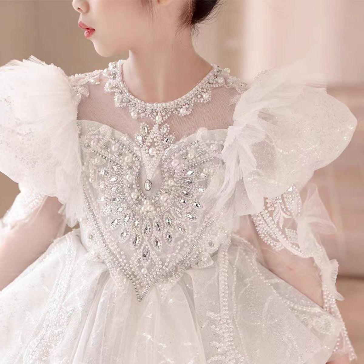 Jill Luxury White Crystal Party Girl Dress Long Sleeve J324