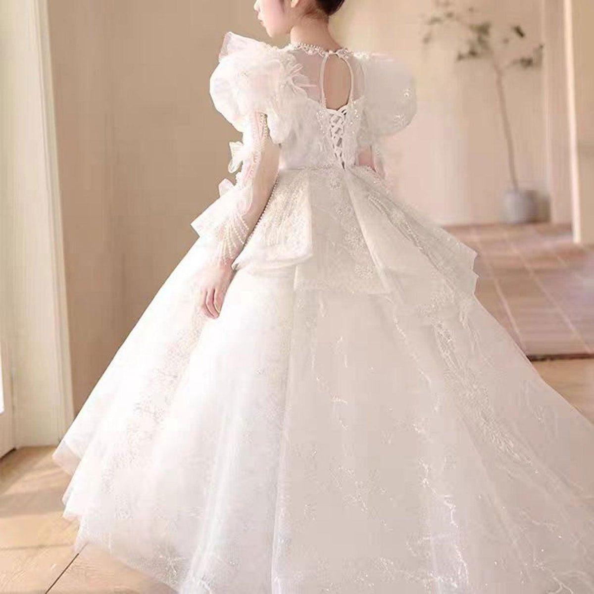 Jill Luxury White Crystal Party Girl Dress Long Sleeve J324