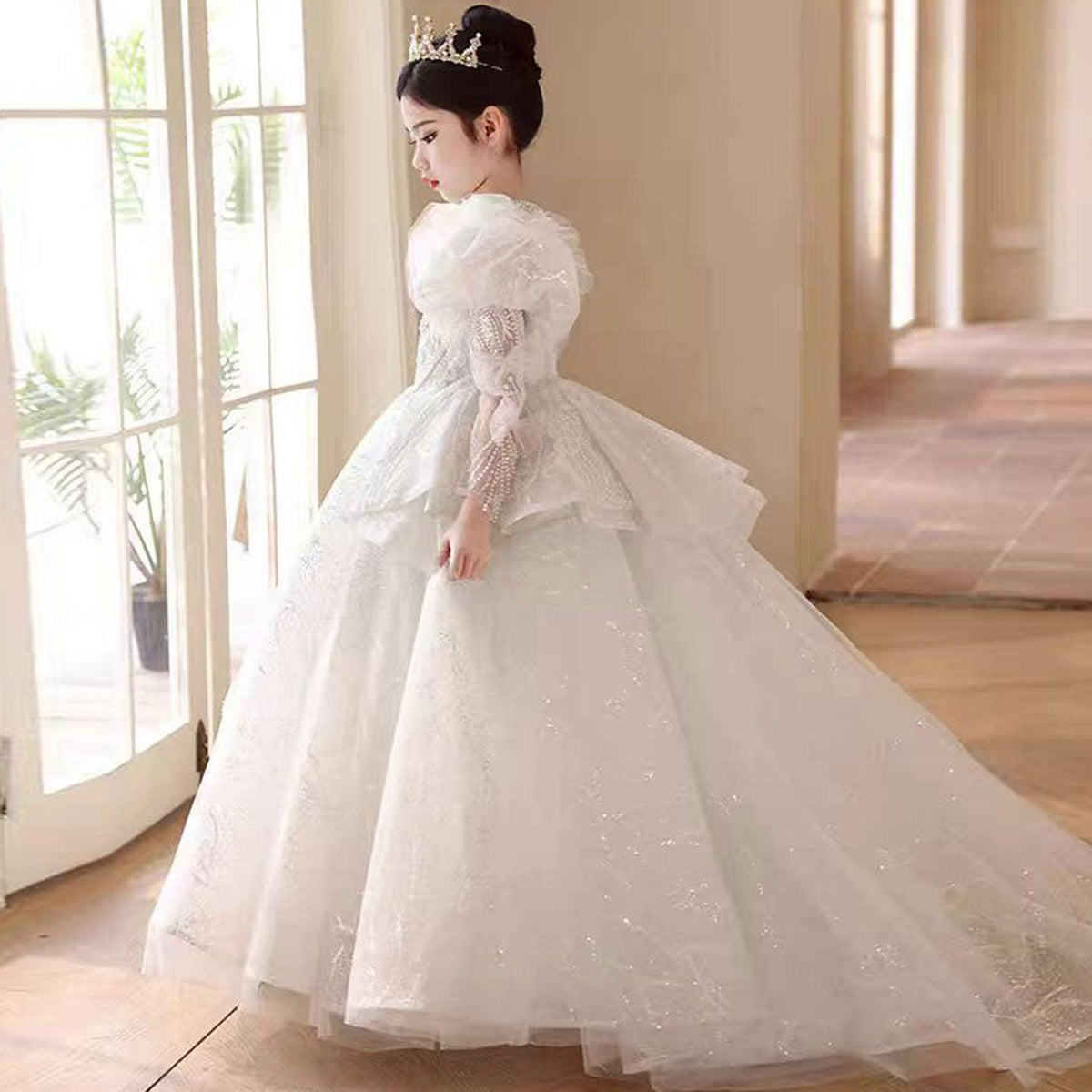 Jill Luxury White Crystal Party Girl Dress Long Sleeve J324