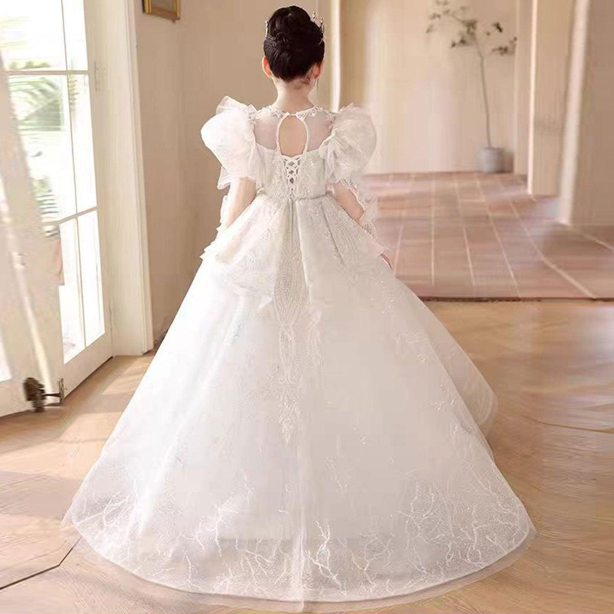 Jill Luxury White Crystal Party Girl Dress Long Sleeve J324