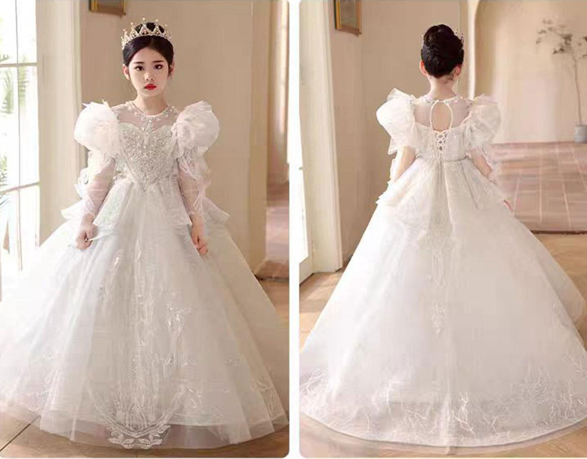 Jill Luxury White Crystal Party Girl Dress Long Sleeve J324