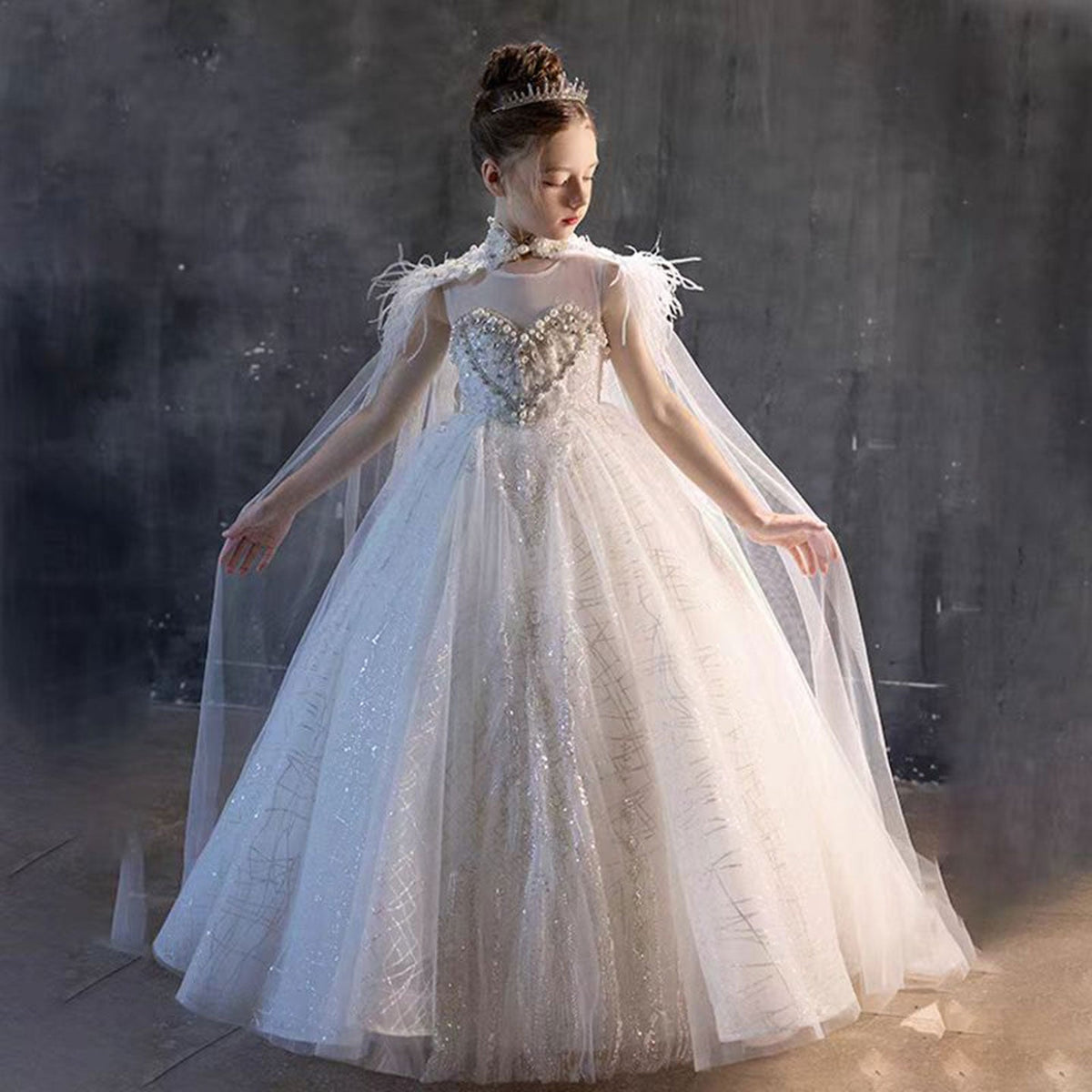 Jill Luxury White Feather Girl Dress with Detachable Cap J124