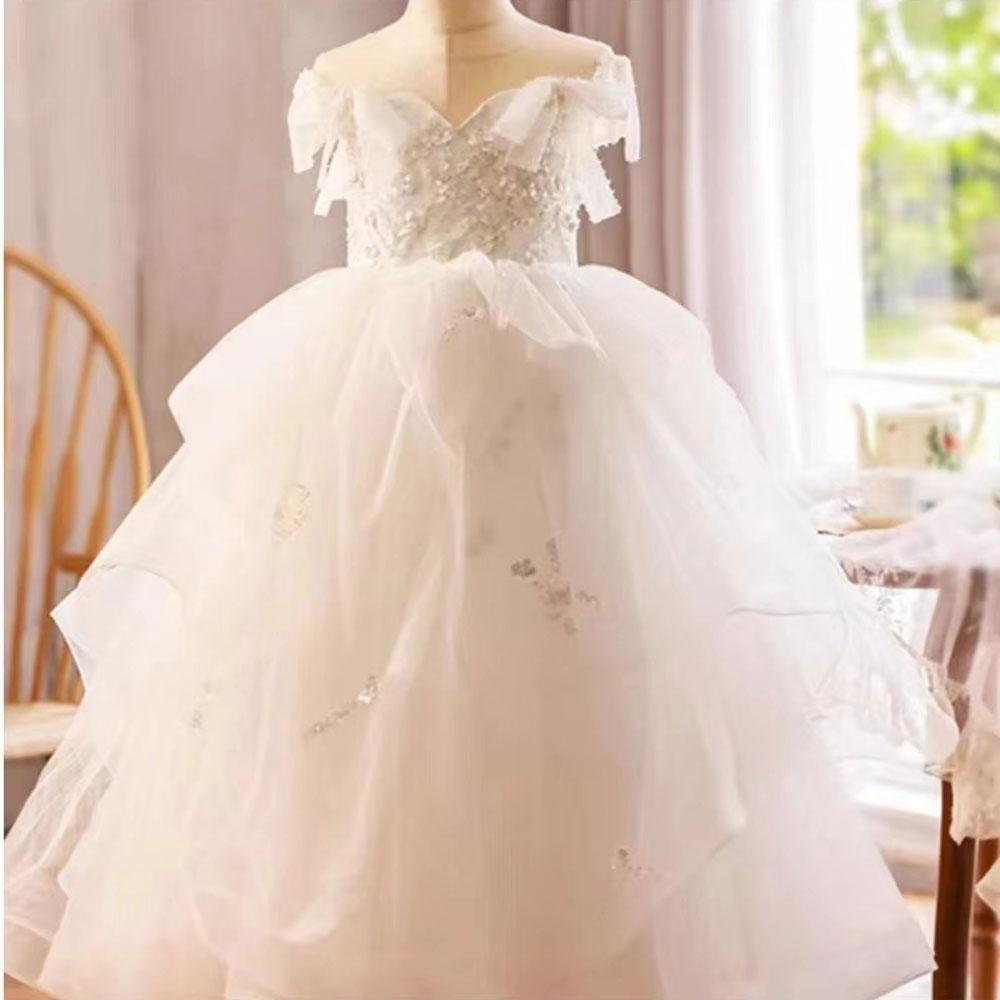 Jill Luxury White Girl Dress Sequined Kids Birthday Girl Dress J214