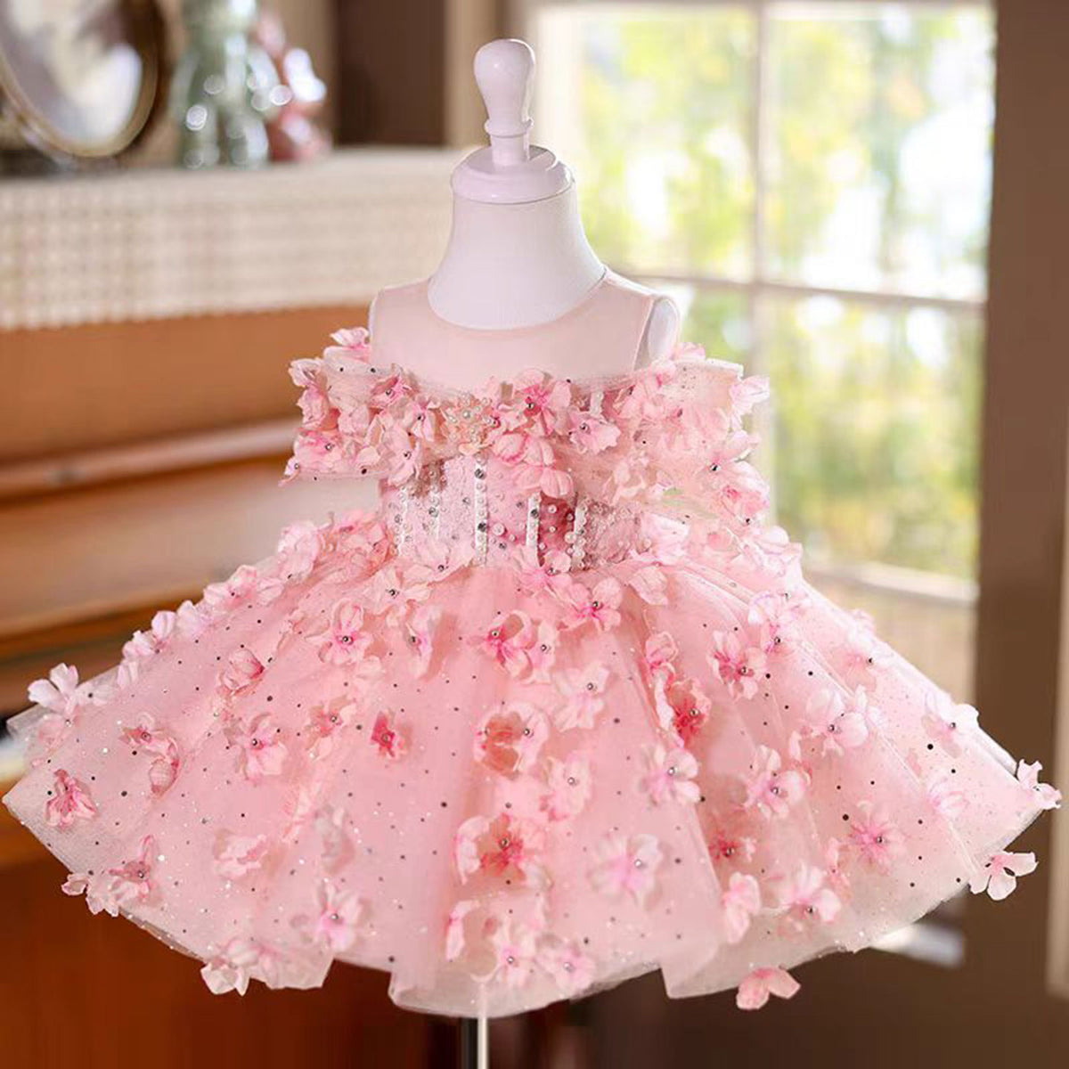 Jill Pink 3D Flowers Girl Dress Toddler Kids 1st Birthday Party Gown J489