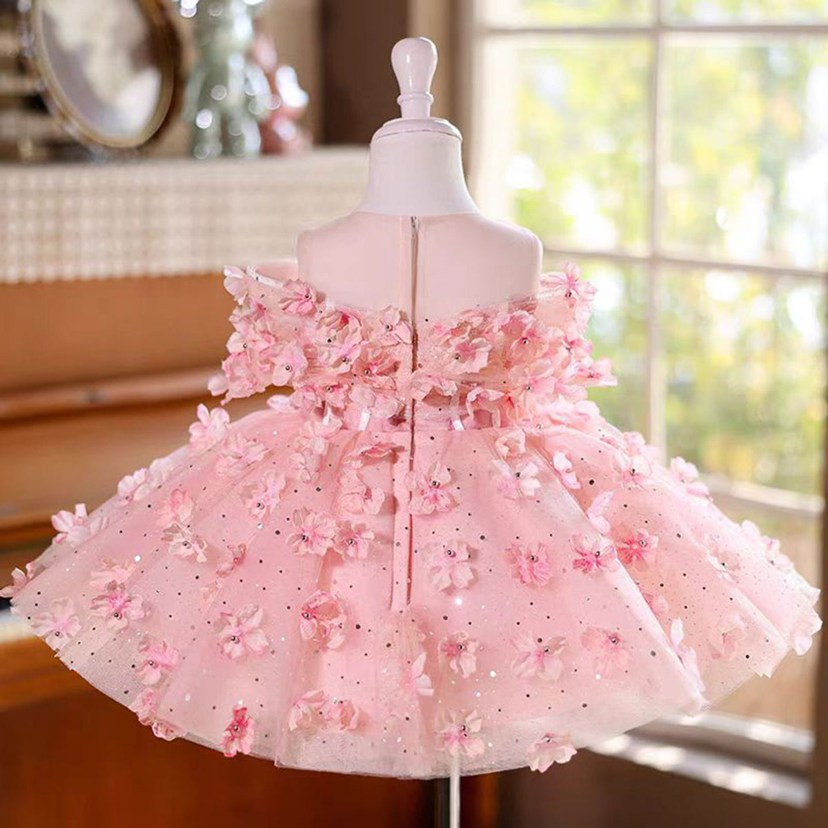 Jill Pink 3D Flowers Girl Dress Toddler Kids 1st Birthday Party Gown J489