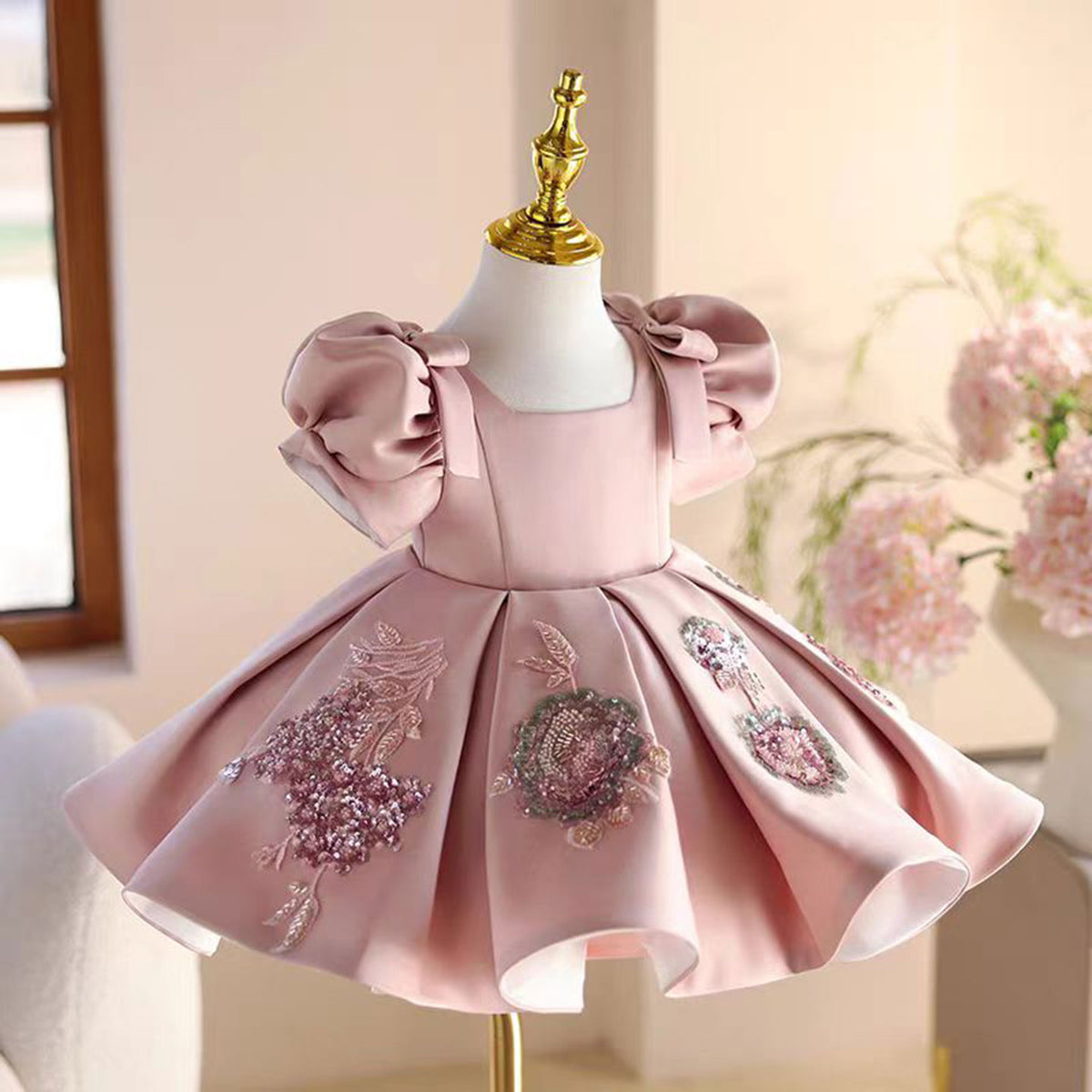 Jill Pink Appliques Flower Girl Dress for Princess Kids 1st Birthday Party J483