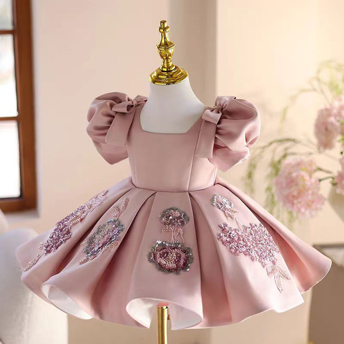 Jill Pink Appliques Flower Girl Dress for Princess Kids 1st Birthday Party J483