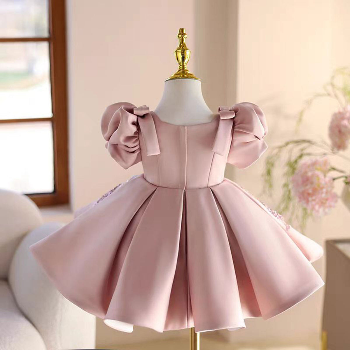 Jill Pink Appliques Flower Girl Dress for Princess Kids 1st Birthday Party J483