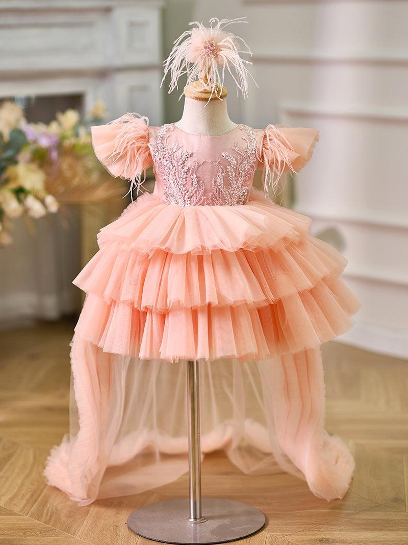 Jill Pink Baby Puffy Sleeve Beads Knee Length Birthday Girl Dress J045
