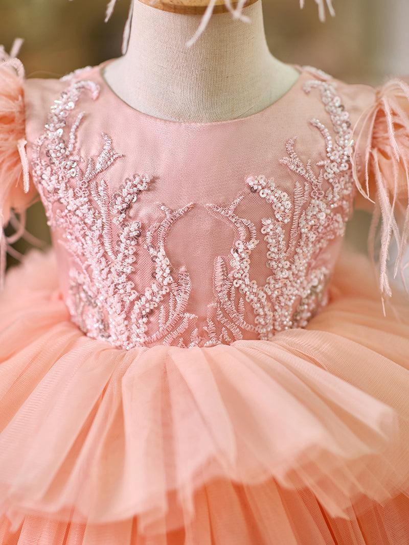 Jill Pink Baby Puffy Sleeve Beads Knee Length Birthday Girl Dress J045