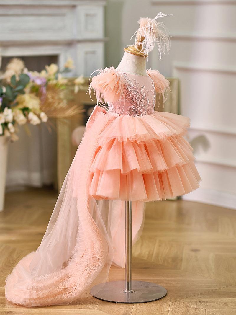 Jill Pink Baby Puffy Sleeve Beads Knee Length Birthday Girl Dress J045