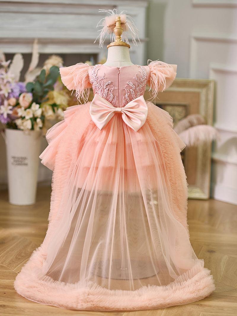 Jill Pink Baby Puffy Sleeve Beads Knee Length Birthday Girl Dress J045