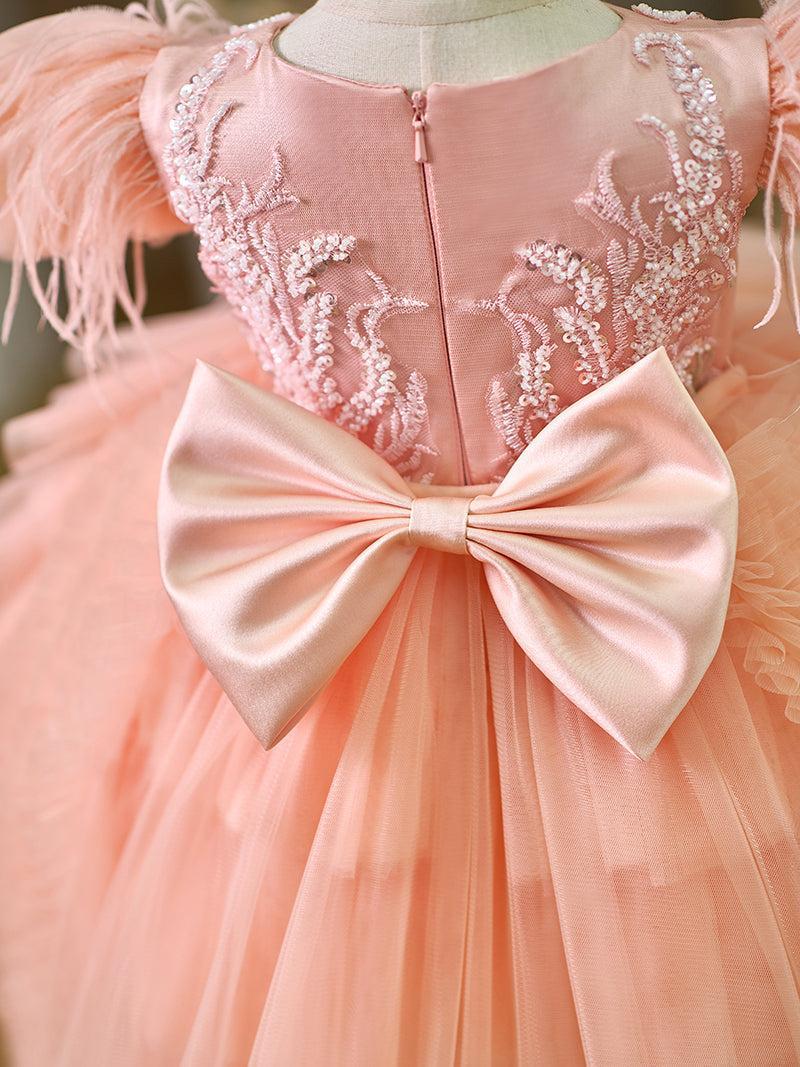 Jill Pink Baby Puffy Sleeve Beads Knee Length Birthday Girl Dress J045