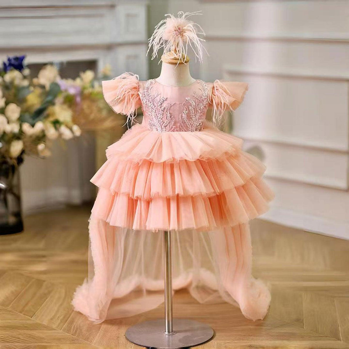 Jill Pink Baby Puffy Sleeve Beads Knee Length Birthday Girl Dress J045