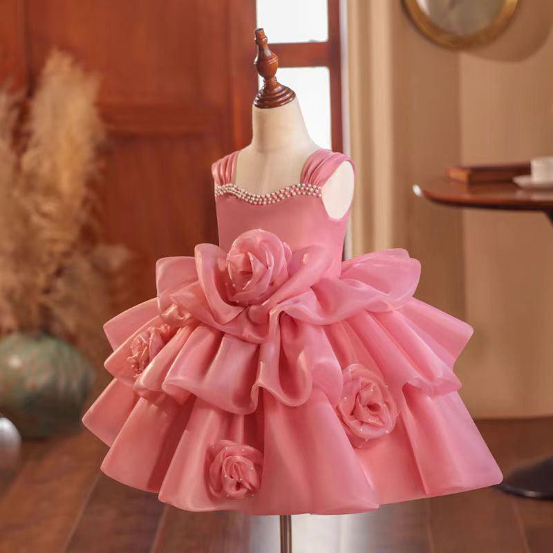 Jill Pink Flower Girl Dress Sleeveless for Princess Kids 1st Birthday Party J710