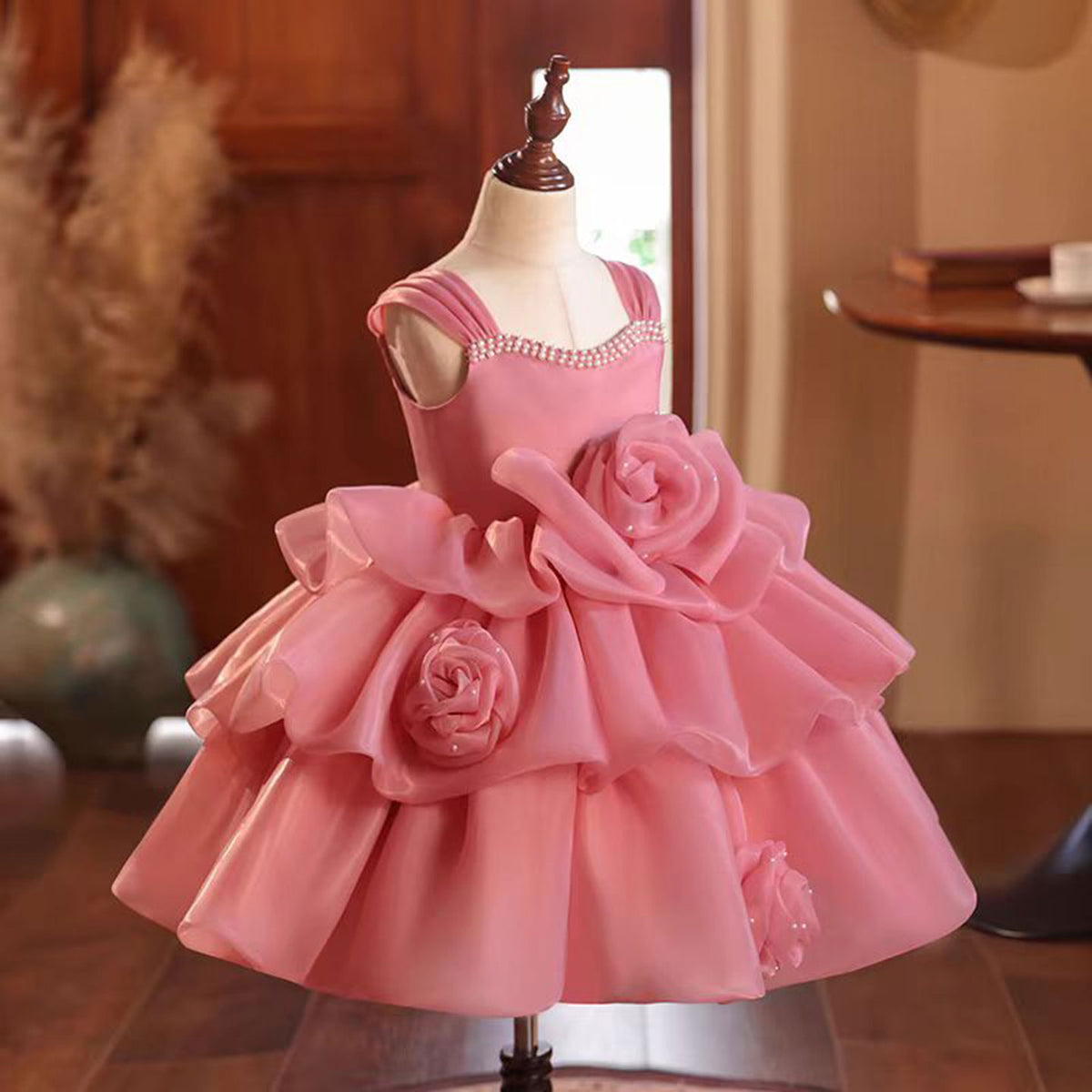 Jill Pink Flower Girl Dress Sleeveless for Princess Kids 1st Birthday Party J710