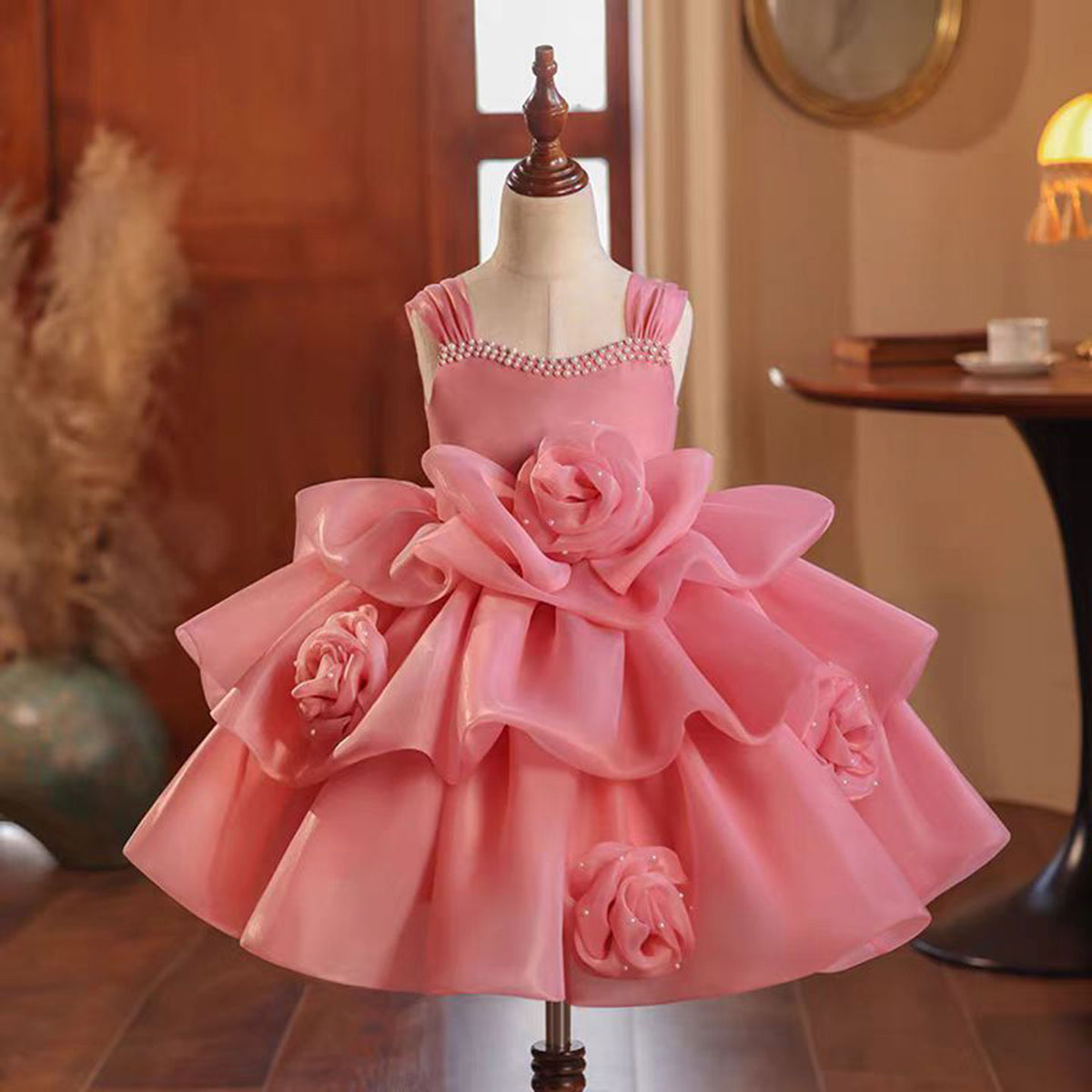 Jill Pink Flower Girl Dress Sleeveless for Princess Kids 1st Birthday Party J710