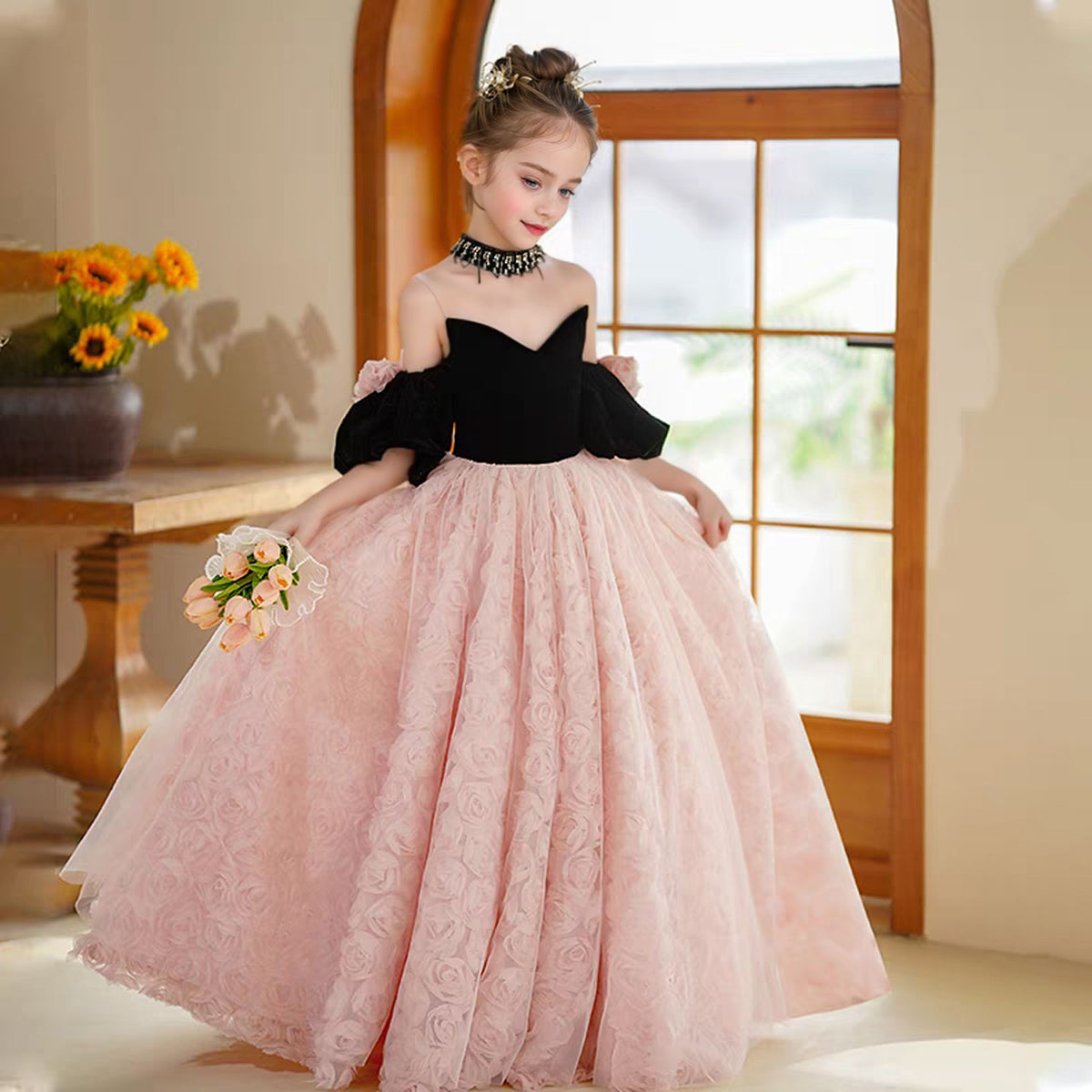 Jill Pink Girl Dress 3D Flowers Half Sleeve for kids Birthday Party J389