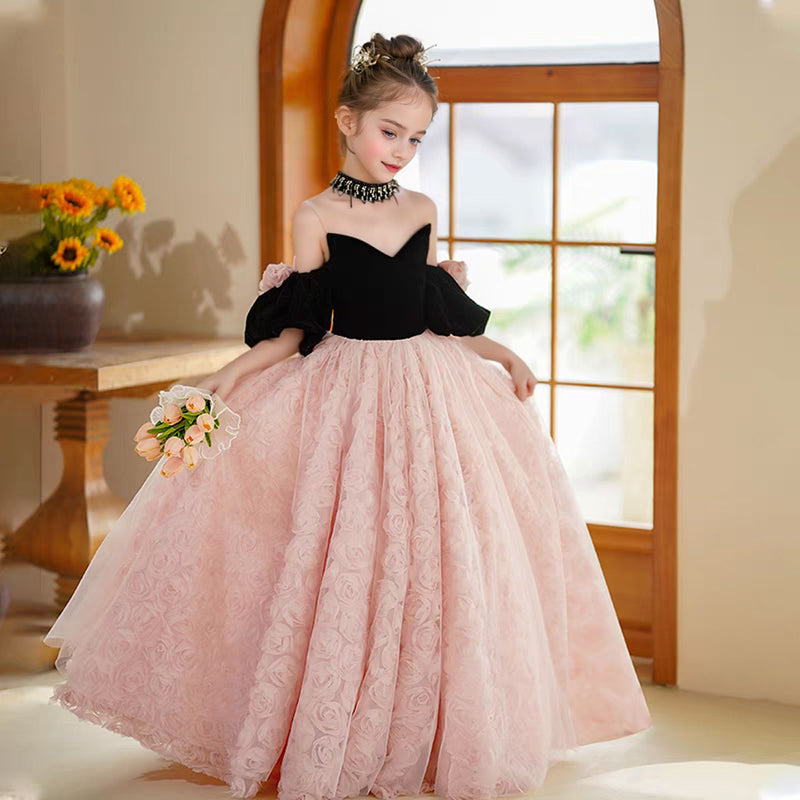Jill Pink Girl Dress 3D Flowers Half Sleeve for kids Birthday Party J389