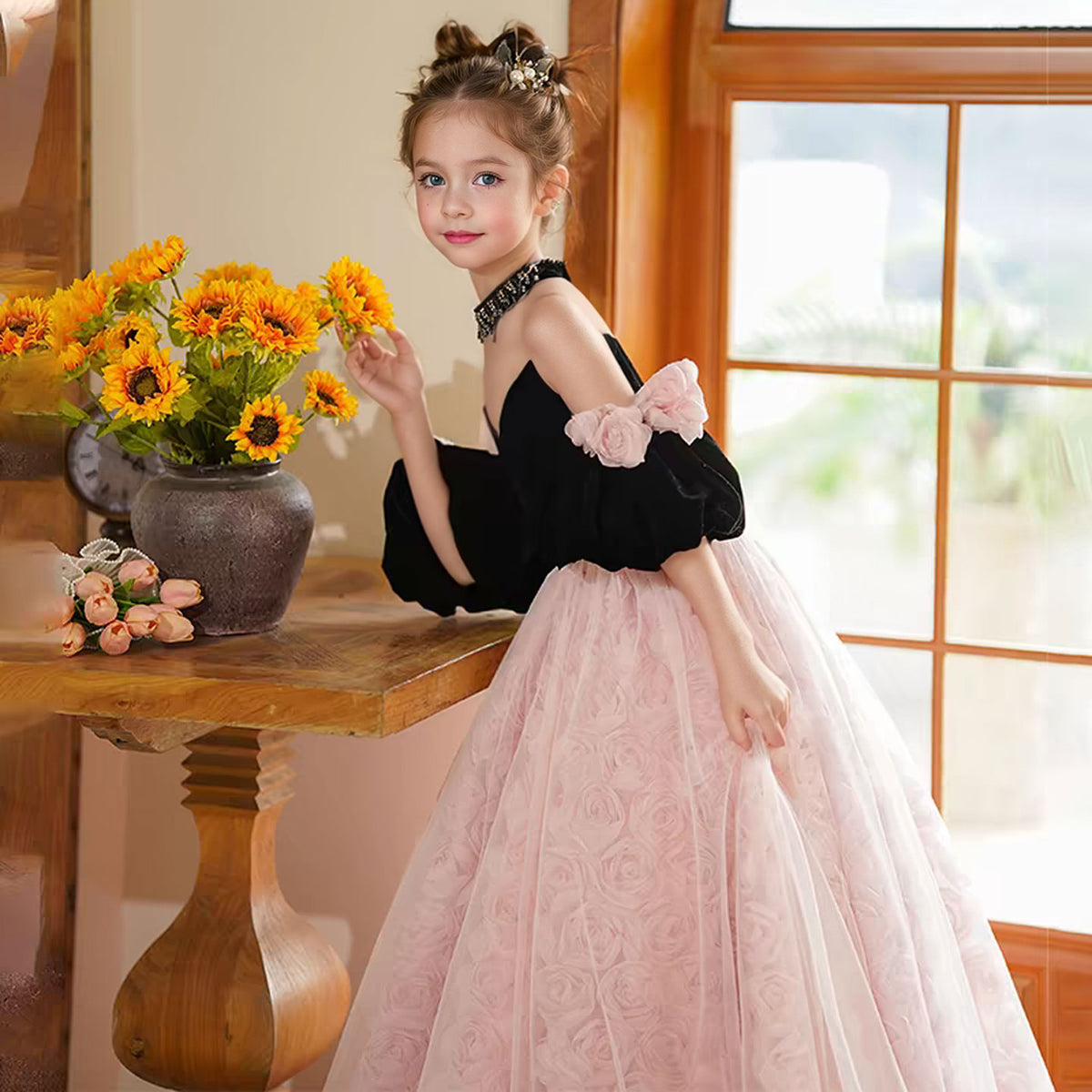Jill Pink Girl Dress 3D Flowers Half Sleeve for kids Birthday Party J389