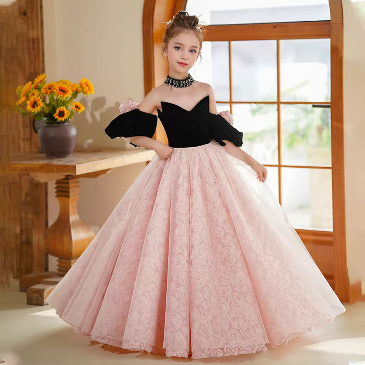 Jill Pink Girl Dress 3D Flowers Half Sleeve for kids Birthday Party J389