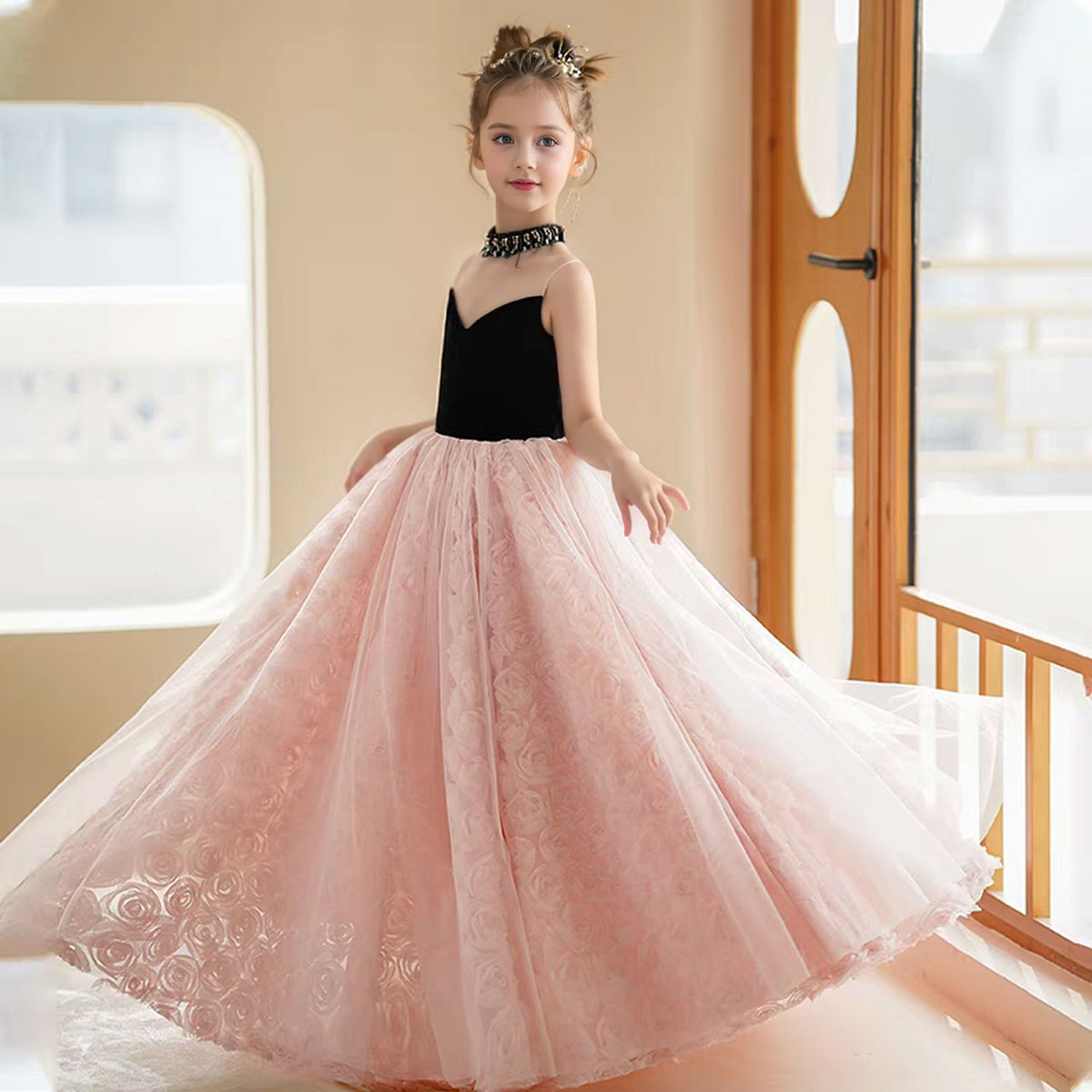 Jill Pink Girl Dress 3D Flowers Half Sleeve for kids Birthday Party J389
