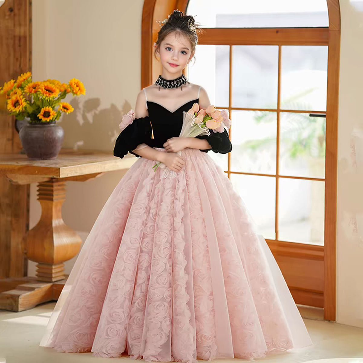 Jill Pink Girl Dress 3D Flowers Half Sleeve for kids Birthday Party J389