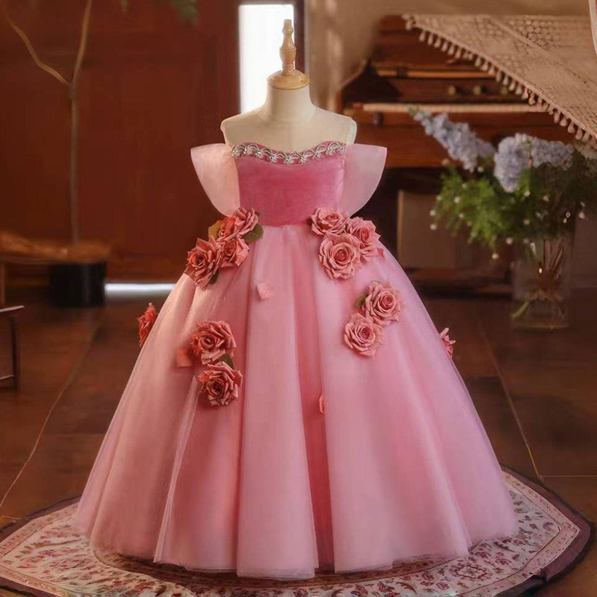 Jill Pink Handmade Flowers Girl Birthday Party Dress J040