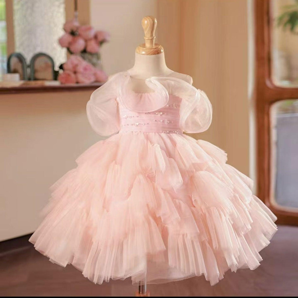 Jill Pink Knee Length Beaded Girl Dress for Baby Birthday Party J222