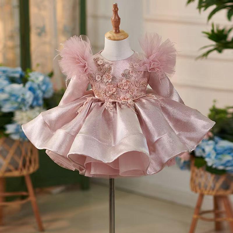 Jill Pink Satin Knee Length Long Sleeve 1st Birhhday Girl Dress J311