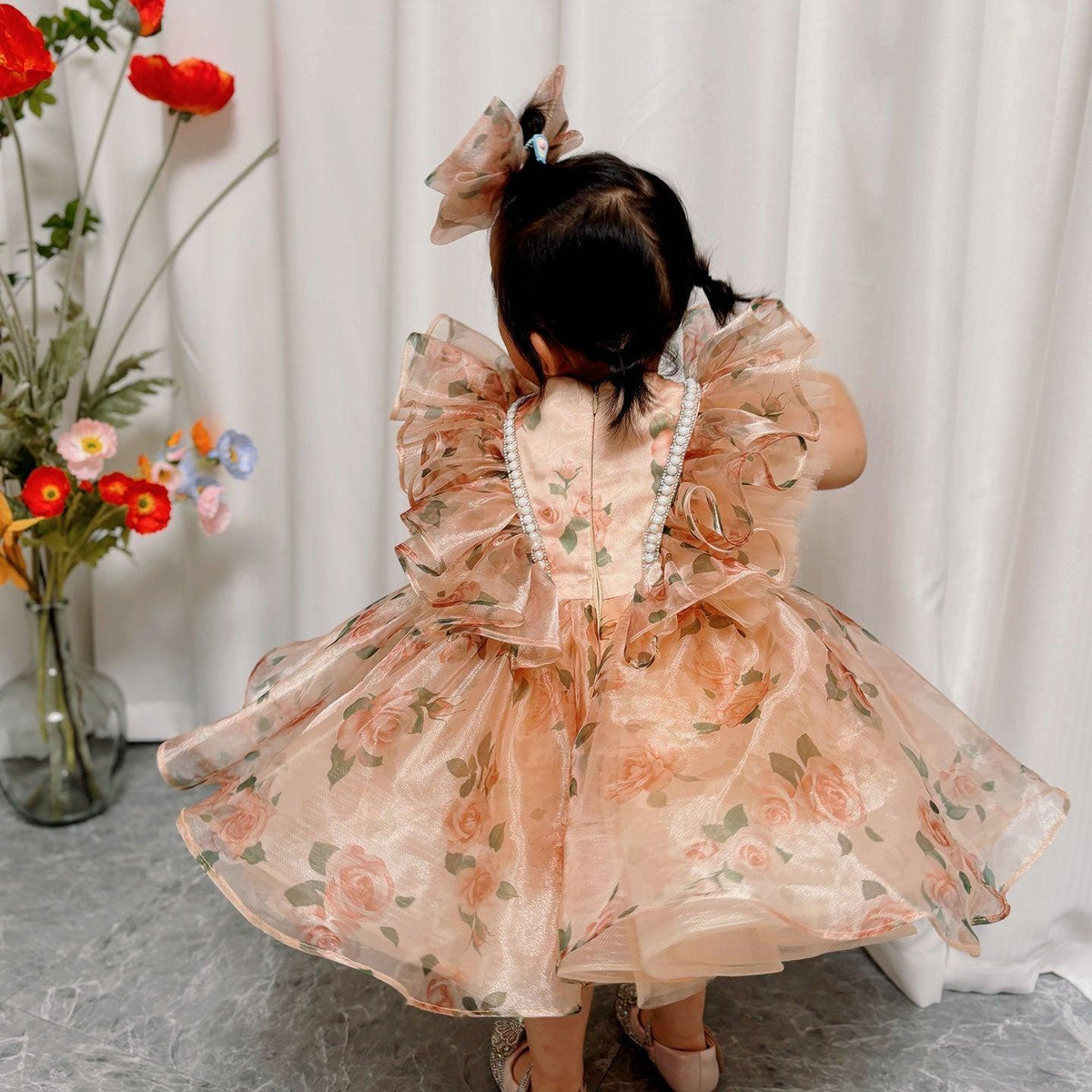 Jill Puffy Sleeve Champagne Baby Knee Length Girl Dress J225