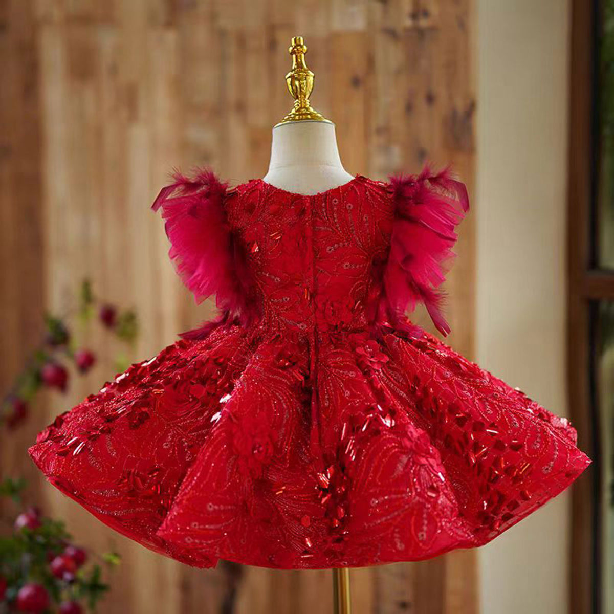 Jill Red Flower Girl Dress for Princess Kids 1st Birthday Party J469