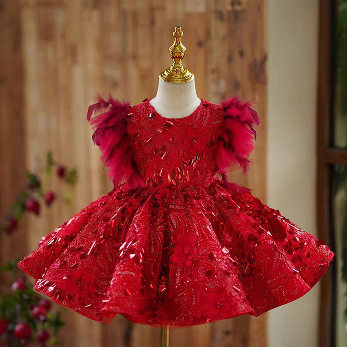 Jill Red Flower Girl Dress for Princess Kids 1st Birthday Party J469