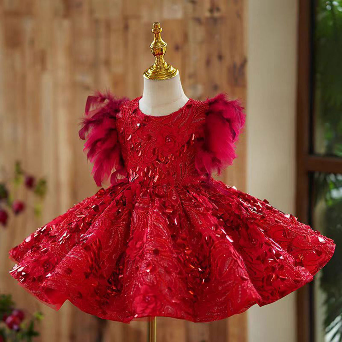 Jill Red Flower Girl Dress for Princess Kids 1st Birthday Party J469