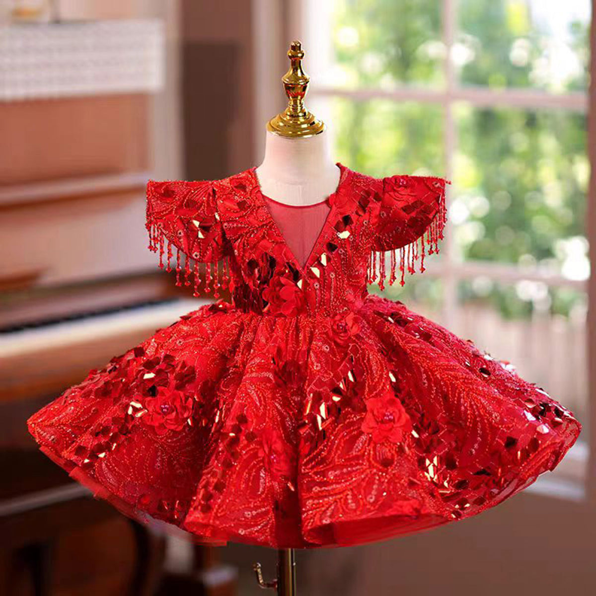 Jill Red Flower Girl Dress for Princess Kids 1st Birthday Party J469