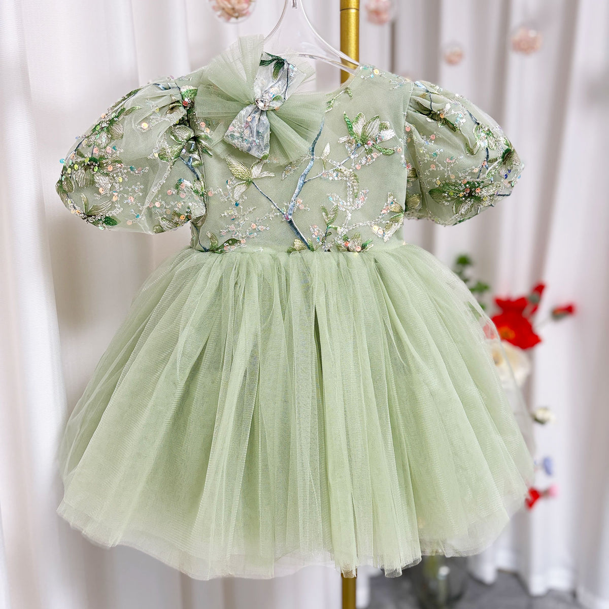 Jill Sage Green Baby Long Sleeve Knee Length Girl Dress J060