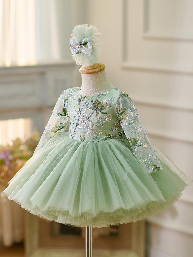 Jill Sage Green Baby Long Sleeve Knee Length Girl Dress J060