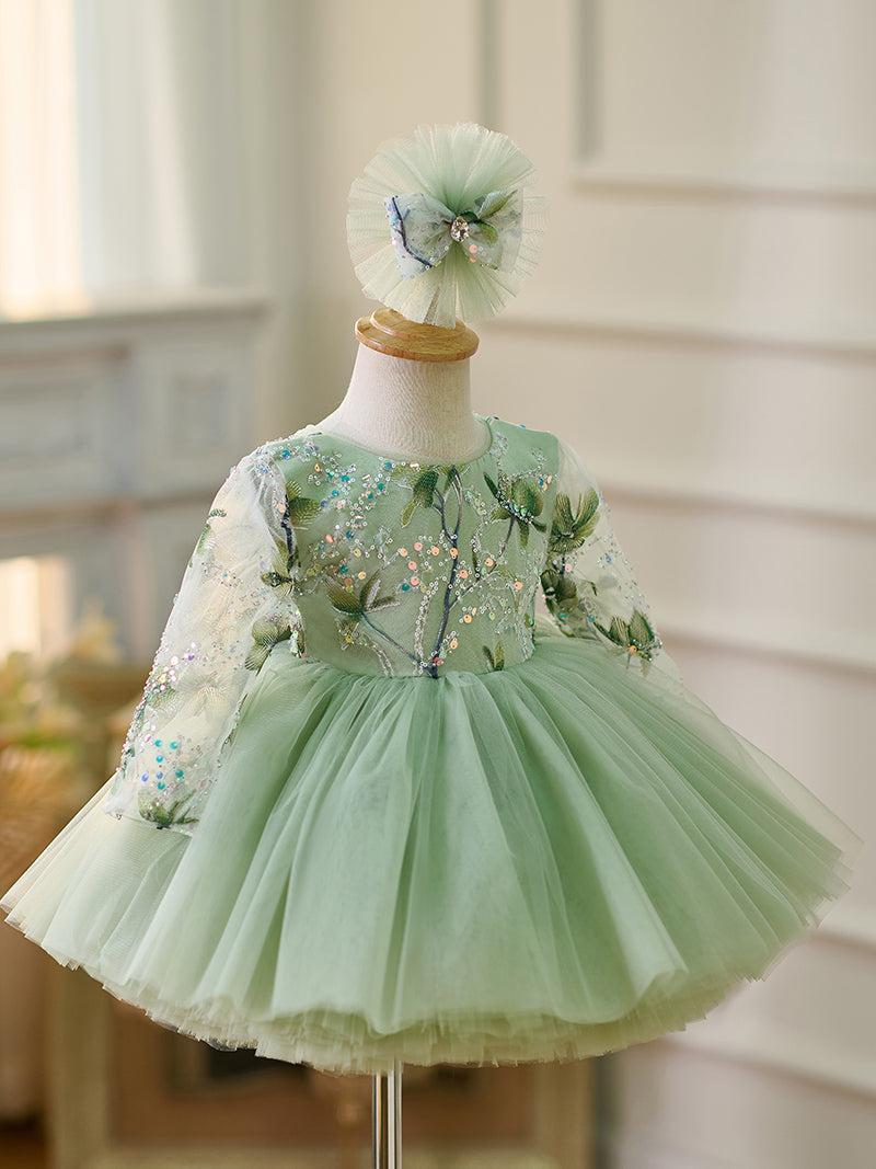 Jill Sage Green Baby Long Sleeve Knee Length Girl Dress J060