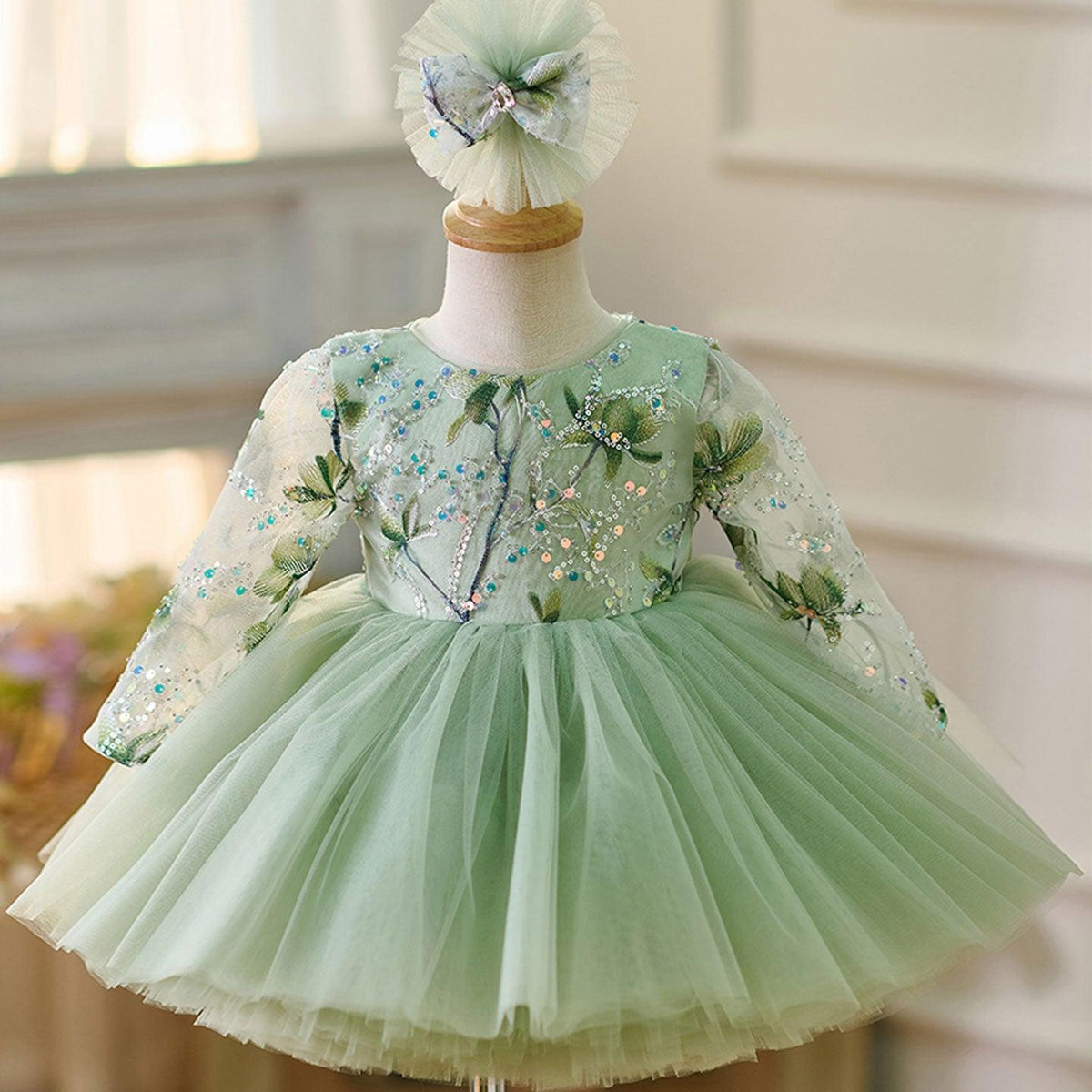 Jill Sage Green Baby Long Sleeve Knee Length Girl Dress J060