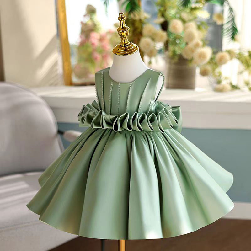 Jill Sage Green Satin Girl Princess Dress Toddler Kids 1st Birthday Party Gown J460