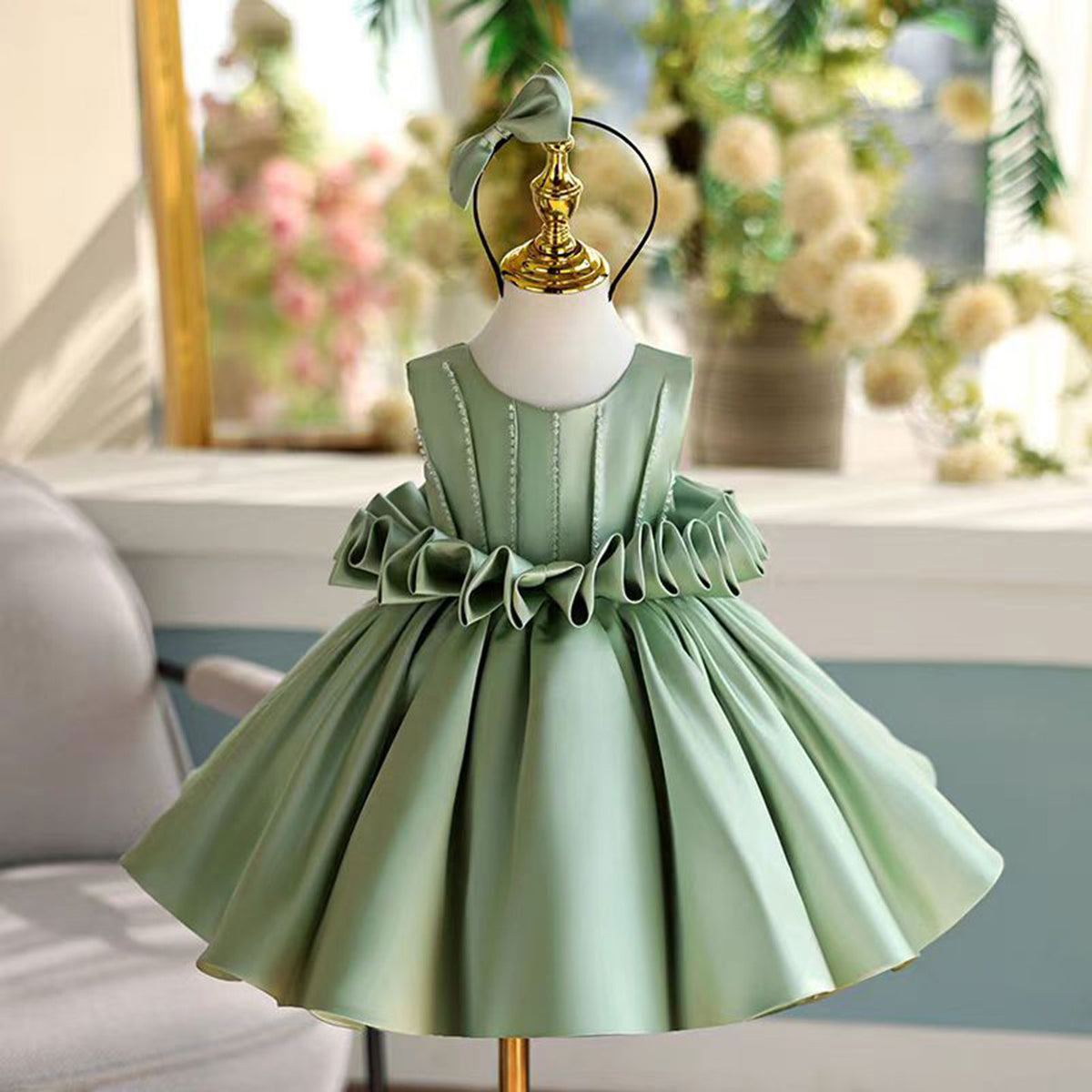 Jill Sage Green Satin Girl Princess Dress Toddler Kids 1st Birthday Party Gown J460