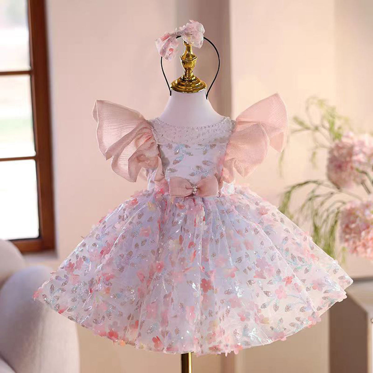 Jill Saprkly Pink Flower Girl Dress for Princess Kids 1st Birthday Party J473