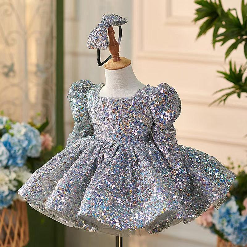 Jill Sparkling Silver Knee Length Girl Dress with Long Sleeve J309