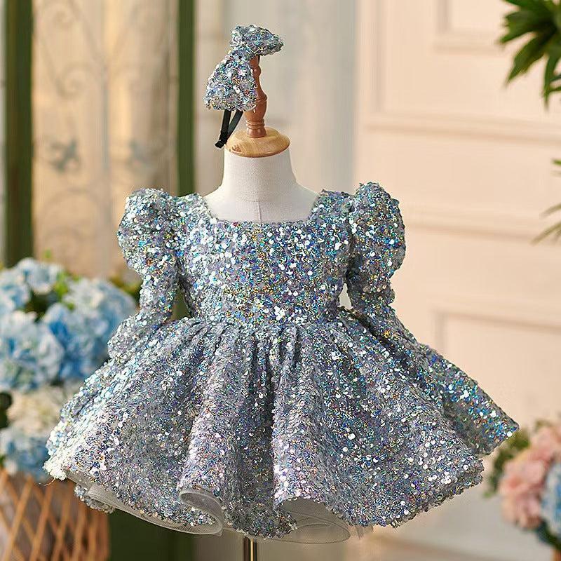 Jill Sparkling Silver Knee Length Girl Dress with Long Sleeve J309