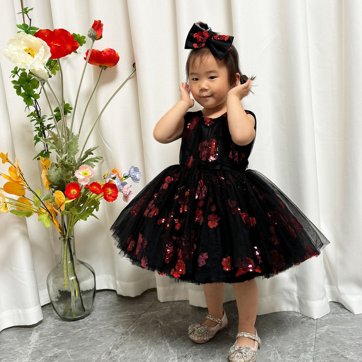 Jill Super Cute Black Baby Lace Knee Length Girl Dress J252