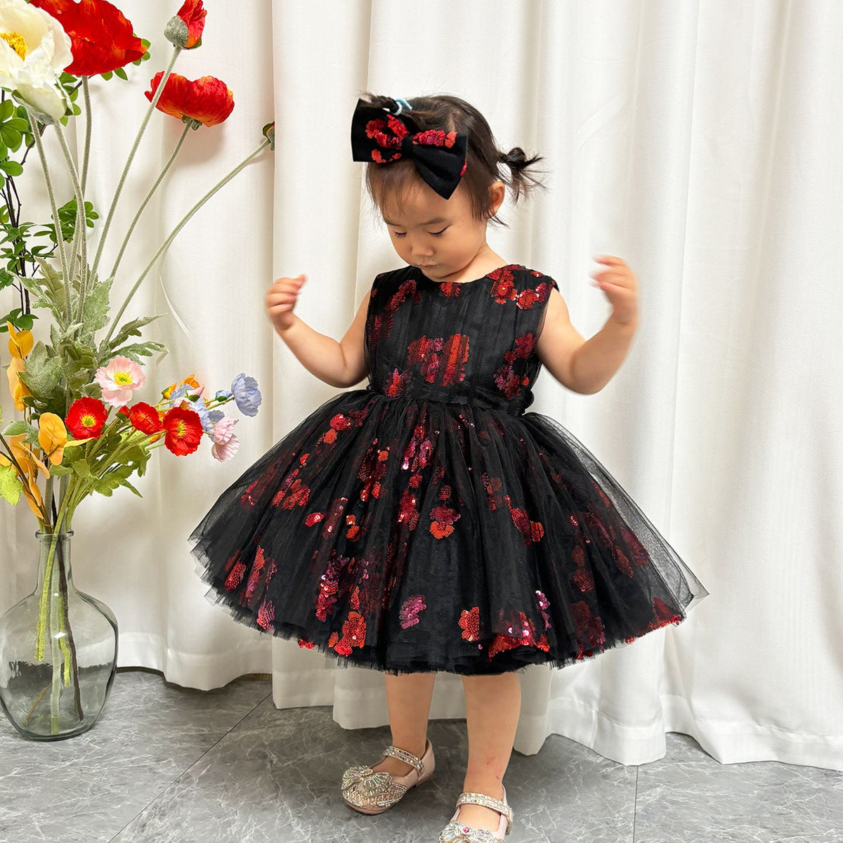 Jill Super Cute Black Baby Lace Knee Length Girl Dress J252