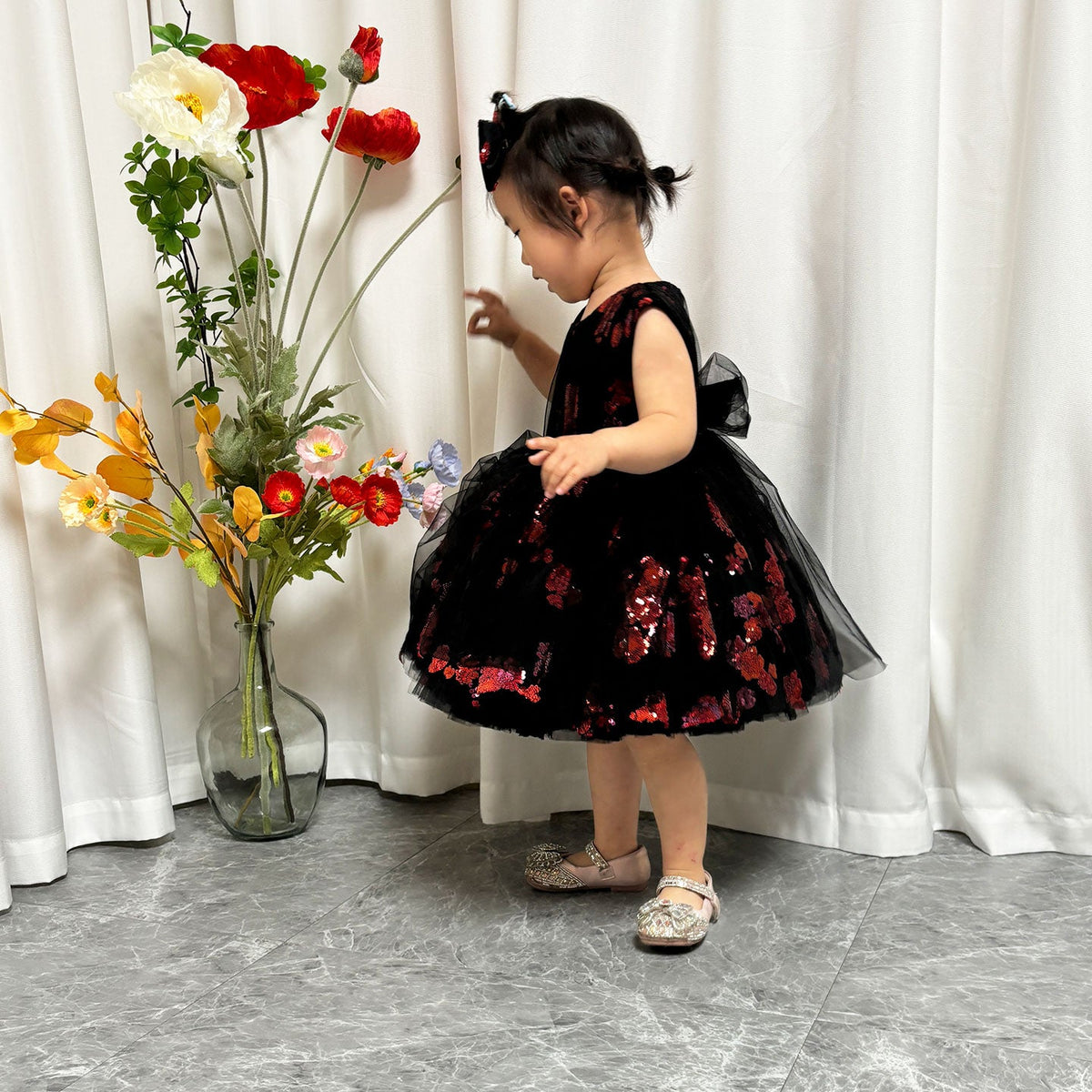 Jill Super Cute Black Baby Lace Knee Length Girl Dress J252