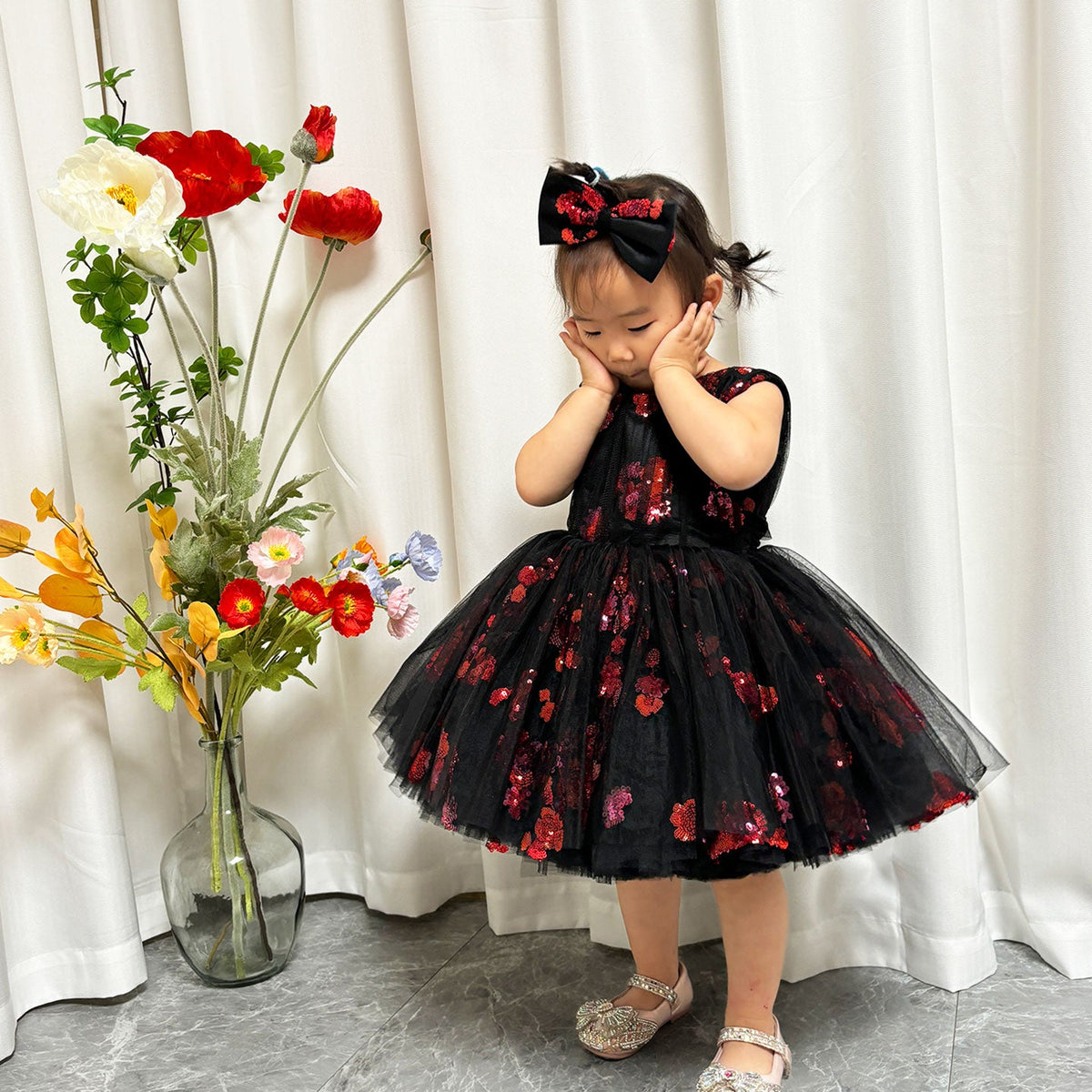 Jill Super Cute Black Baby Lace Knee Length Girl Dress J252