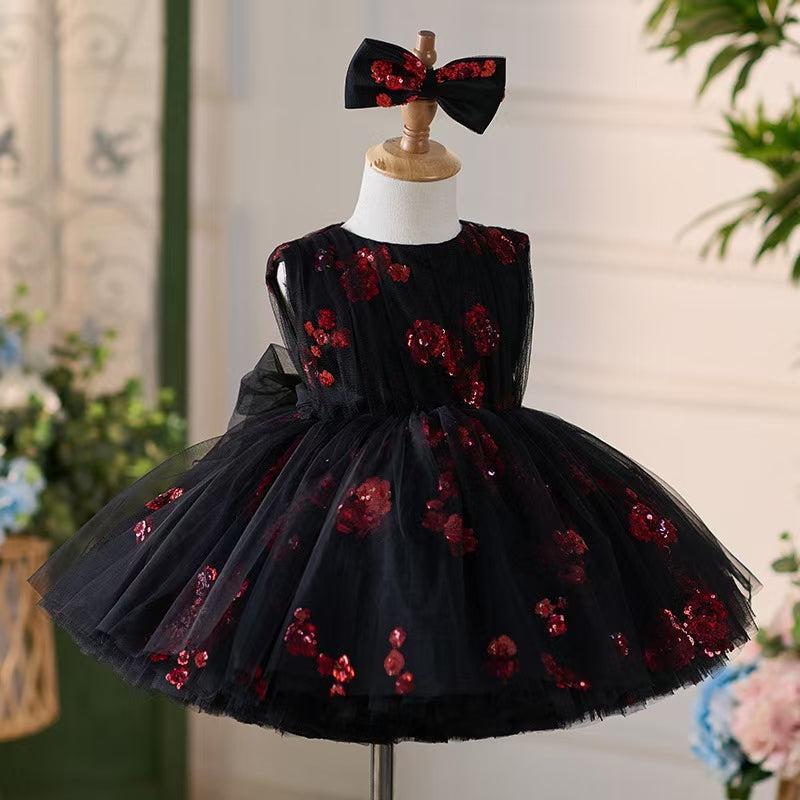 Jill Super Cute Black Baby Lace Knee Length Girl Dress J252
