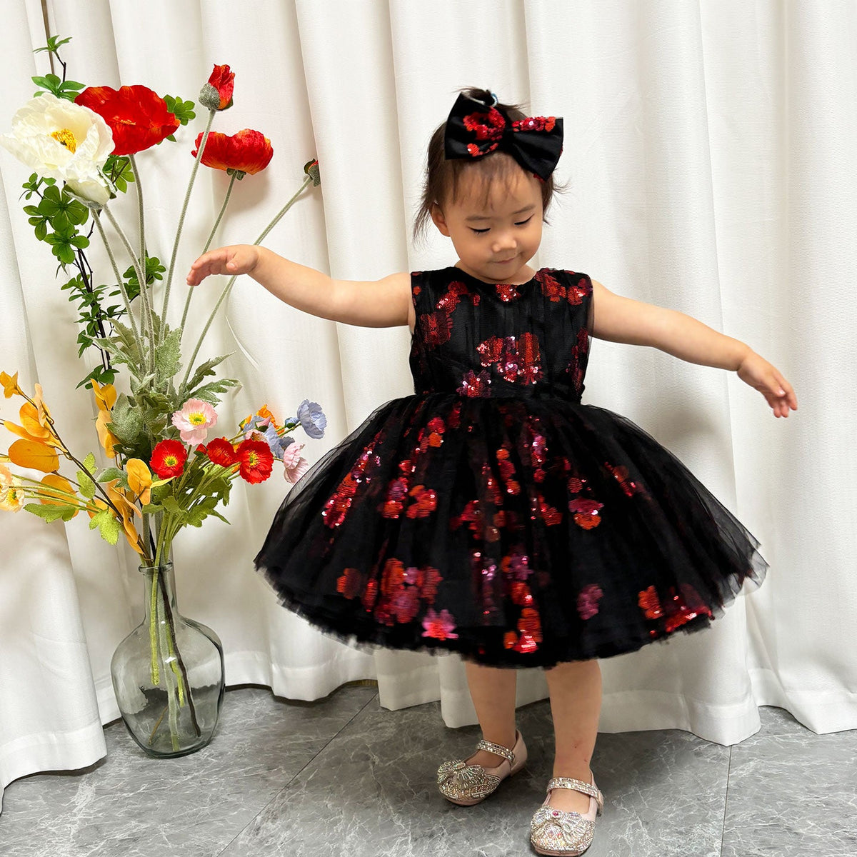 Jill Super Cute Black Baby Lace Knee Length Girl Dress J252